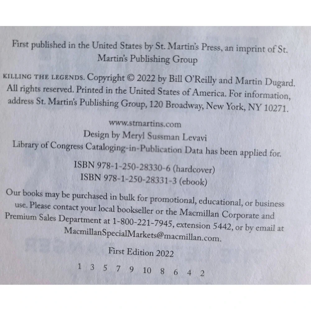 Killing the Legends Bill O'Reilly Martin Dugard Hardcover First Edition 2022‎ - Picture 3 of 5